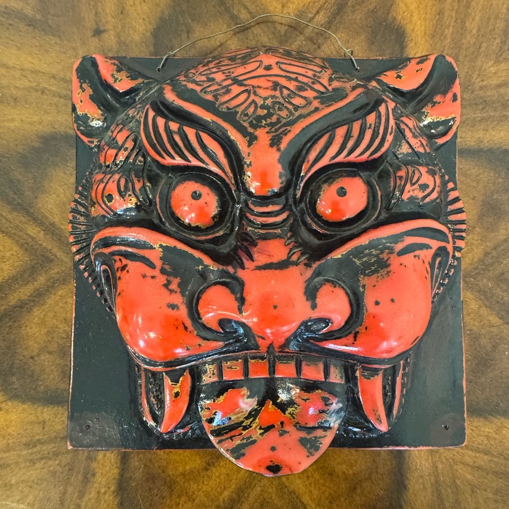 Japanese Meiji Shishi Gashira lion head red lacquer decorative mask